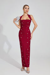 Kaeifa Burgundy Pearl Embellished Halter Neck Bodycon Maxi Dress