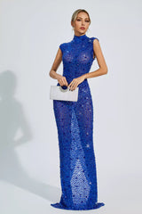 Kaeifa Royal Blue Crystal Embellished High Neck Maxi Gown