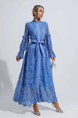 Kaeifa Cornflower Lace High Neck Bell Sleeve Belted Maxi Dress