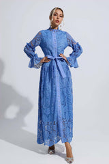 Kaeifa Cornflower Lace High Neck Bell Sleeve Belted Maxi Dress