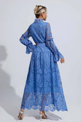 Kaeifa Cornflower Lace High Neck Bell Sleeve Belted Maxi Dress
