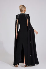 Kaeifa Black Crystal Beaded Square Neck Cape Sleeve Maxi Dress