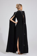 Kaeifa Black Crystal Beaded Square Neck Cape Sleeve Maxi Dress