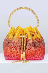 Kaeifa Yellow Red Ombre Rhinestone Drawstring Bucket Bag Gold Handle