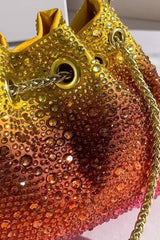 Kaeifa Yellow Red Ombre Rhinestone Drawstring Bucket Bag Gold Handle