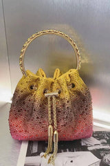 Kaeifa Yellow Red Ombre Rhinestone Drawstring Bucket Bag Gold Handle