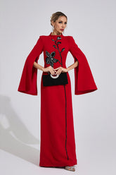 Kaeifa Red Black Floral Beaded High Neck Cape Sleeve Formal Maxi Dress