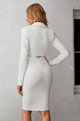Kaeifa White Blazer Collar Cutout Ruched Waist Long Sleeve Midi Dress