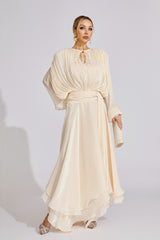 Kaeifa Cream Pleated Maxi Dress - Keyhole Neck Bishop Sleeve Belted