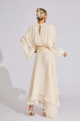 Kaeifa Cream Pleated Maxi Dress - Keyhole Neck Bishop Sleeve Belted