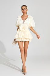 Kaeifa Ivory Puff Sleeve V-Neck Rosette Pleated Bubble Mini Dress