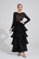 Kaeifa Black Tiered Ruffle Lace Bateau Neck Long Sleeve Maxi Dress
