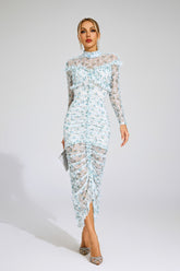 Kaeifa Blue Floral Mesh High Neck Long Sleeve Ruched Midi Dress