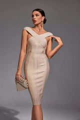 Kaeifa Gold Bandage Bodycon Midi Dress - Off Shoulder