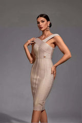 Kaeifa Gold Bandage Bodycon Midi Dress - Off Shoulder