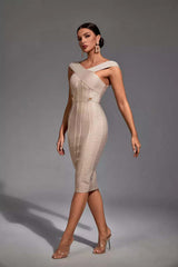 Kaeifa Gold Bandage Bodycon Midi Dress - Off Shoulder