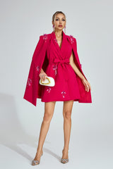 Kaeifa Fuchsia Crystal Cape Sleeve Belted Blazer Mini Dress