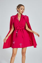 Kaeifa Fuchsia Crystal Cape Sleeve Belted Blazer Mini Dress