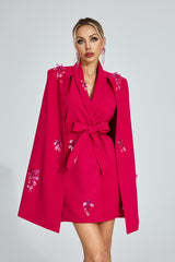 Kaeifa Fuchsia Crystal Cape Sleeve Belted Blazer Mini Dress
