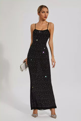Kaeifa Black Crystal Studded Spaghetti Strap Bodycon Maxi Dress