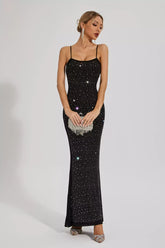Kaeifa Black Crystal Studded Spaghetti Strap Bodycon Maxi Dress