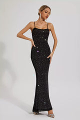 Kaeifa Black Crystal Studded Spaghetti Strap Bodycon Maxi Dress