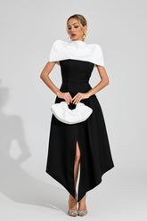 Kaeifa Black White Contrast Cape Neck Slit Asymmetric Maxi Dress