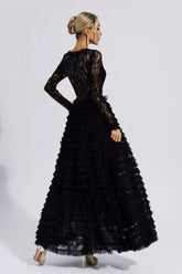 Kaeifa Black Lace Maxi Dress - High Neck Long Sleeve Tiered Ruffle