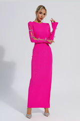 Kaeifa Fuchsia Ribbed Long Sleeve Crystal Bow Side Slit Maxi Dress