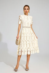 Kaeifa Cream Lace Midi Dress - High Neck Short Sleeve A-Line