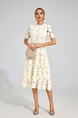 Kaeifa Cream Lace Midi Dress - High Neck Short Sleeve A-Line