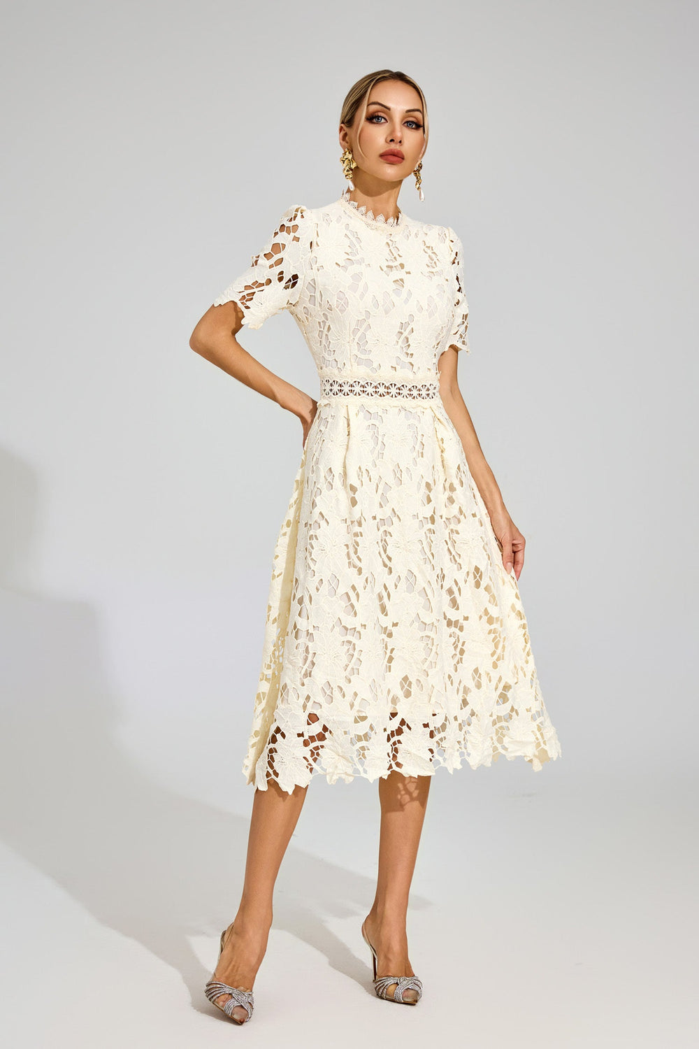 Kaeifa Cream Lace Midi Dress - High Neck Short Sleeve A-Line