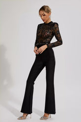 Kaeifa Black Lace Sheer Mock Neck Long Sleeve Belted Flare Jumpsuit