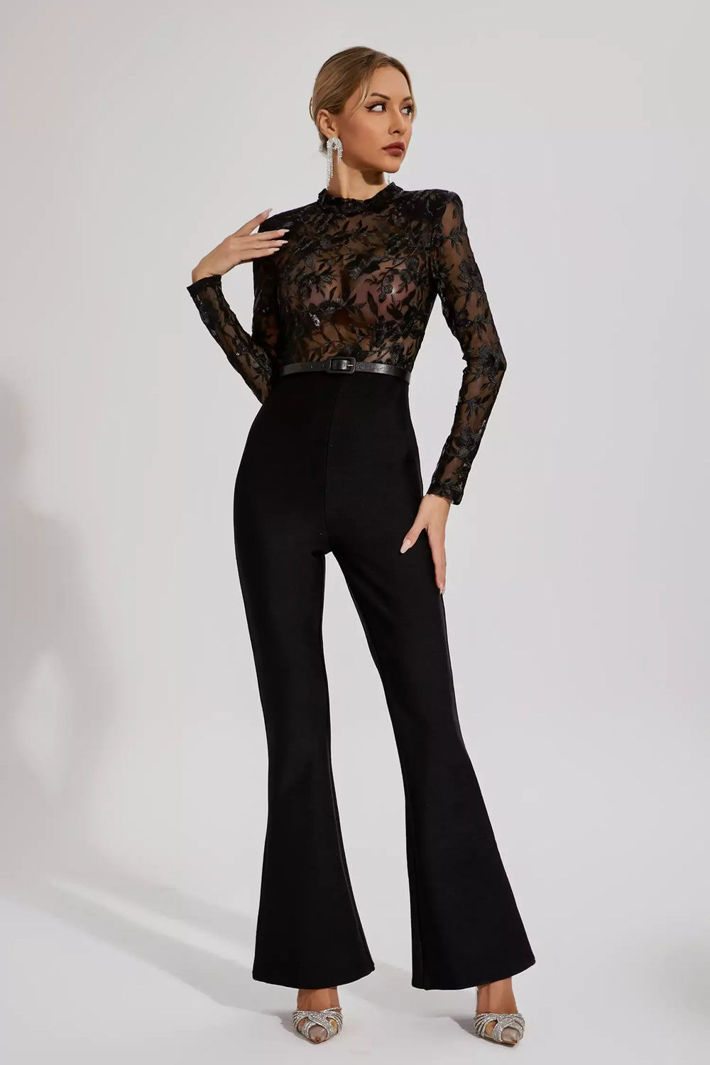 Kaeifa Black Lace Sheer Mock Neck Long Sleeve Belted Flare Jumpsuit