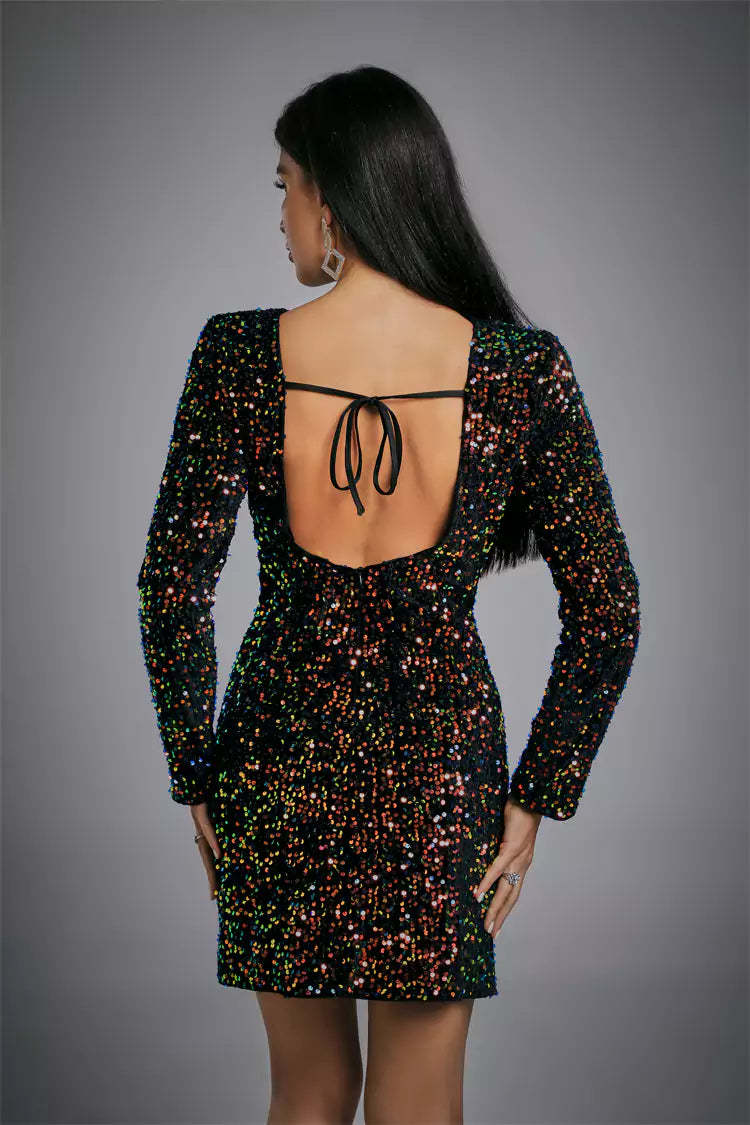 Kaeifa Black Multicolor Sequin Open Back Long Sleeve Mini Dress