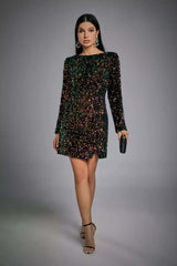Kaeifa Black Multicolor Sequin Open Back Long Sleeve Mini Dress