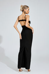 Kaeifa Black Open Back Sheer Panel Strap Bodycon Maxi Dress