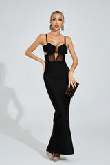 Kaeifa Black Open Back Sheer Panel Strap Bodycon Maxi Dress