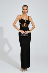 Kaeifa Black Open Back Sheer Panel Strap Bodycon Maxi Dress