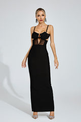 Kaeifa Black Open Back Sheer Panel Strap Bodycon Maxi Dress