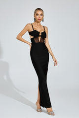 Kaeifa Black Open Back Sheer Panel Strap Bodycon Maxi Dress