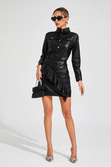 Kaeifa Black PU Leather Shirt Collar Gold Button Ruched Mini Skirt Set