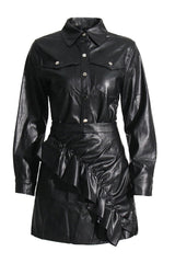 Kaeifa Black PU Leather Shirt Collar Gold Button Ruched Mini Skirt Set