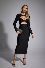 Kaeifa Black Sweetheart Cutout Long Sleeve Bodycon Midi Dress