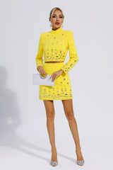 Kaeifa Lemon Crystal Embellished Long Sleeve Crop Top Mini Skirt Set