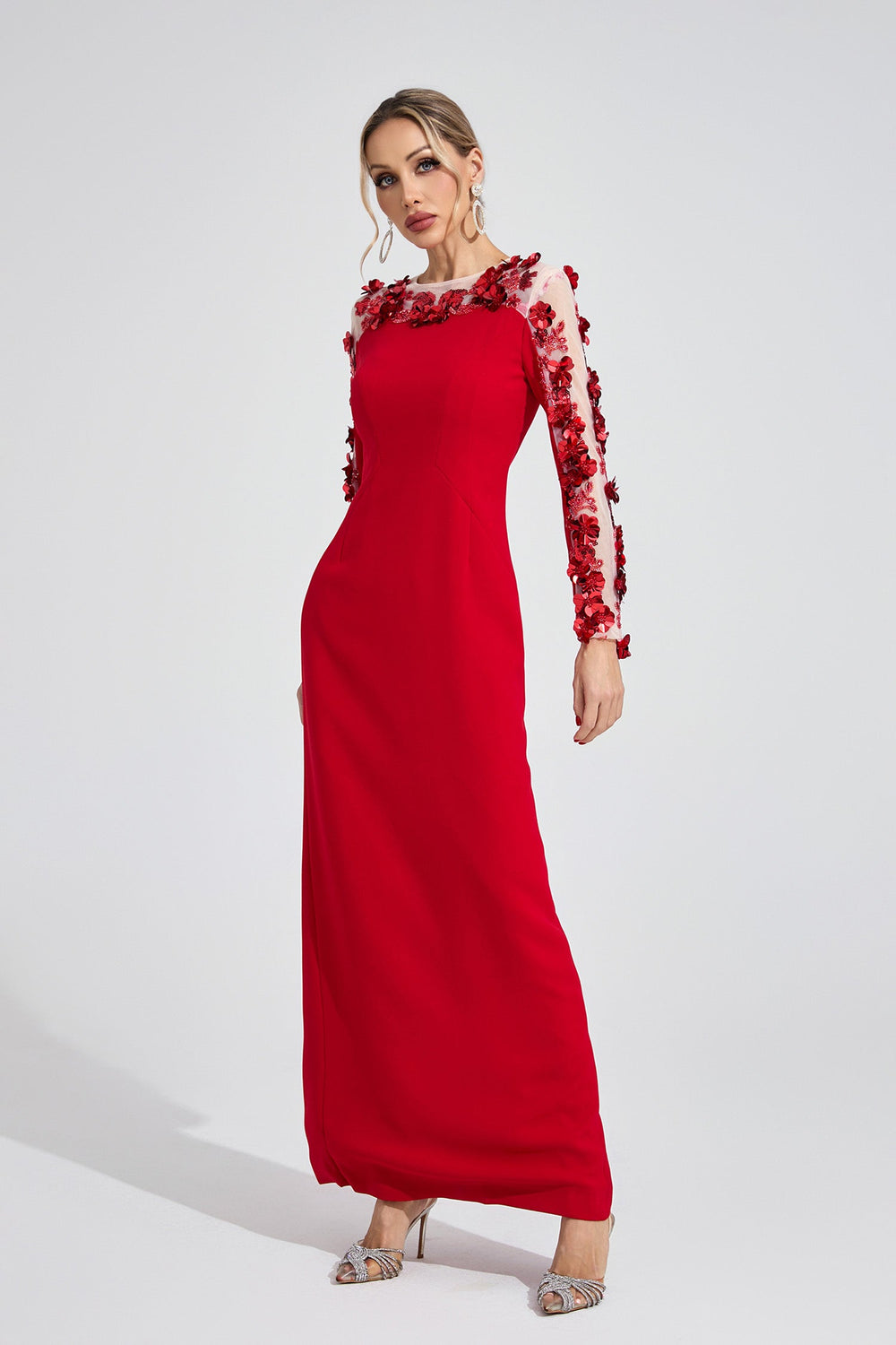 Kaeifa Red 3D Floral Illusion Long Sleeve Bateau Neck Maxi Dress