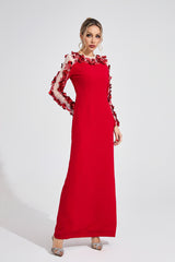 Kaeifa Red 3D Floral Illusion Long Sleeve Bateau Neck Maxi Dress