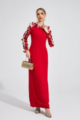 Kaeifa Red 3D Floral Illusion Long Sleeve Bateau Neck Maxi Dress