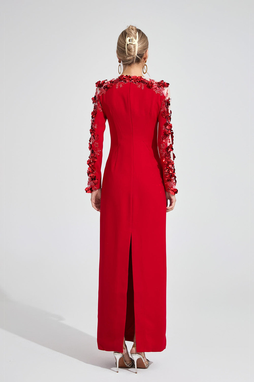 Kaeifa Red 3D Floral Illusion Long Sleeve Bateau Neck Maxi Dress
