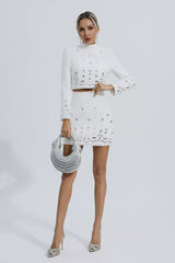 Kaeifa White Crystal Embellished Long Sleeve Crop Top Mini Skirt Set